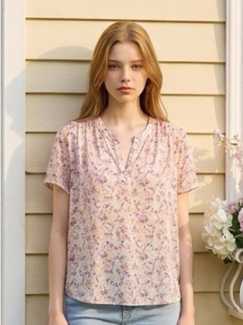 Pleione Multicolor Floral V-Neck Short Sleeve Pullover Blouse Women's L
